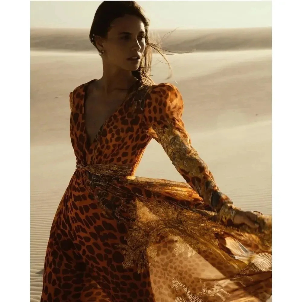 $900 Patbo Orange Margot Plunge Animal Print Chiffon Maxi Dress Sz 6